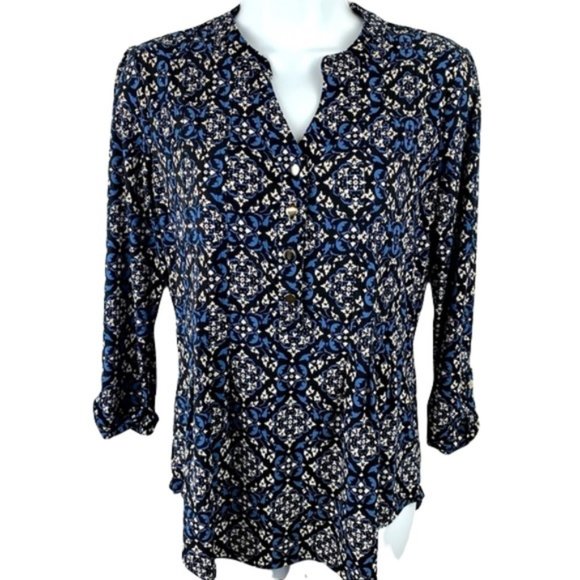 Westport Tops - Westport Split Neck Blouse Blue White Black Floral